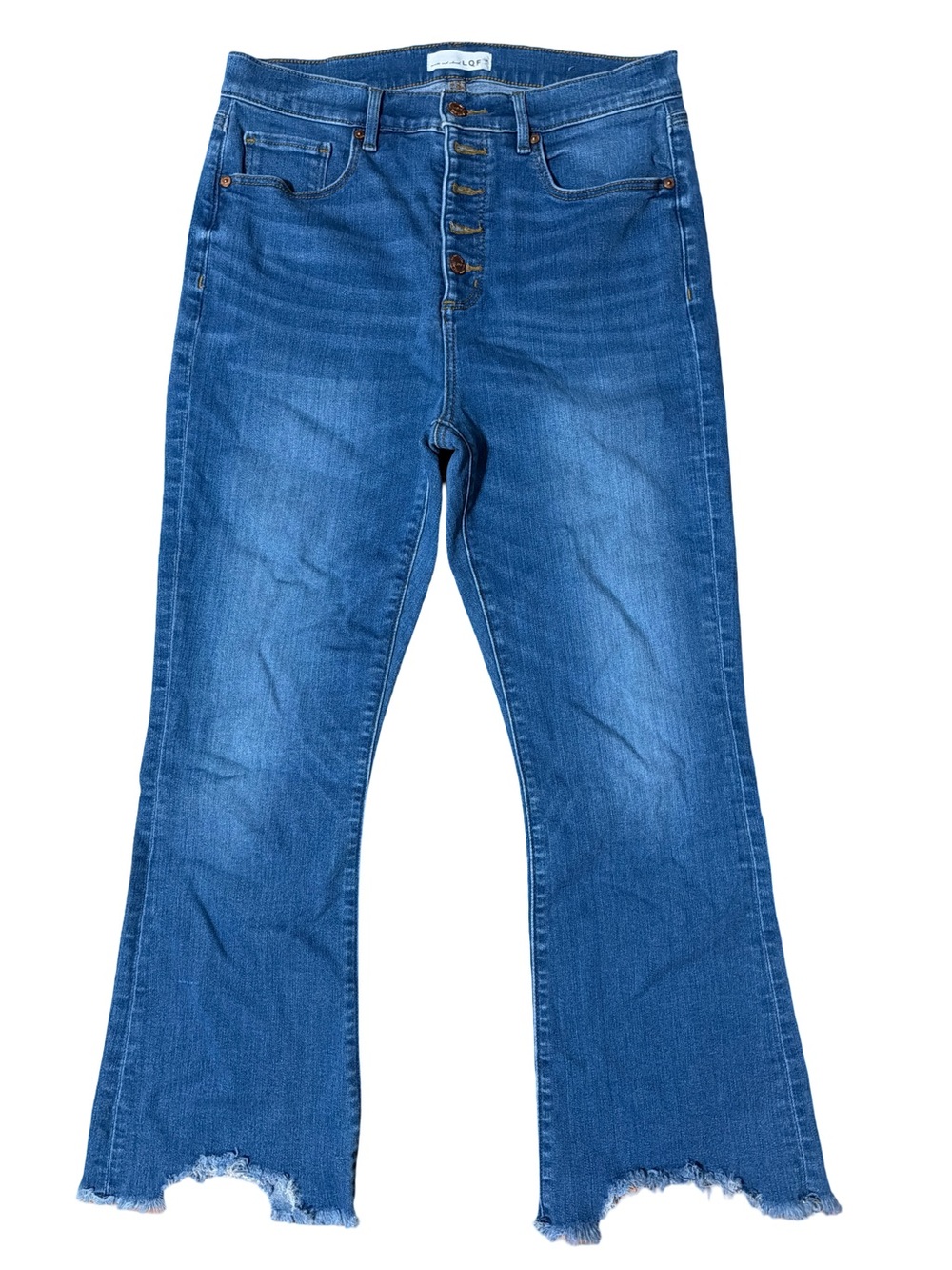 LOFT High Rise Button Fly Flared Jeans Medium Blue Wash Size 32